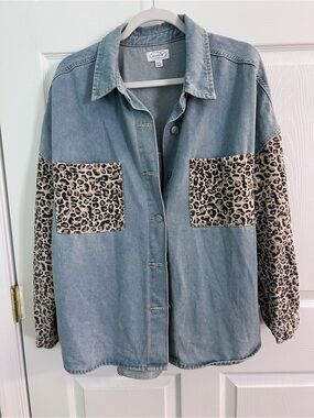 Mud Pie Light Blue Denim Jacket with Leopard Print Pockets & Sleeves